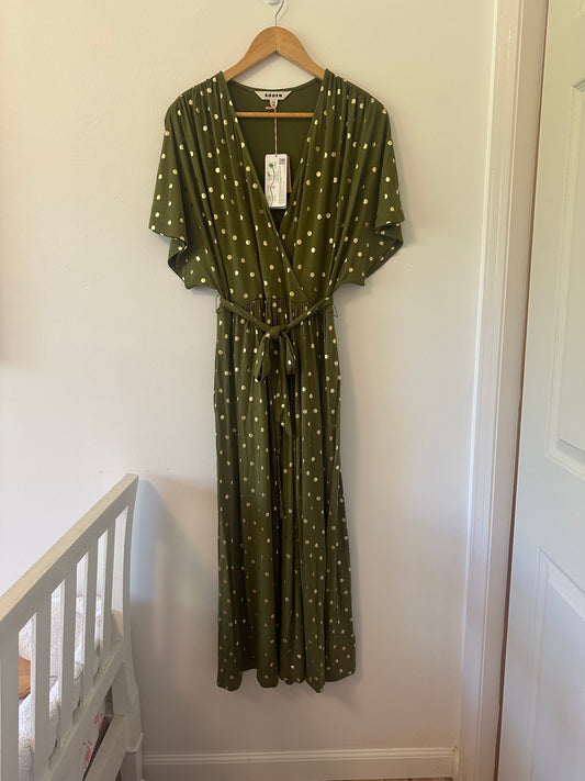 NWT Boden Kimono Wrap Jersey Dress in Green with Gold Polka Dots - Size US 10