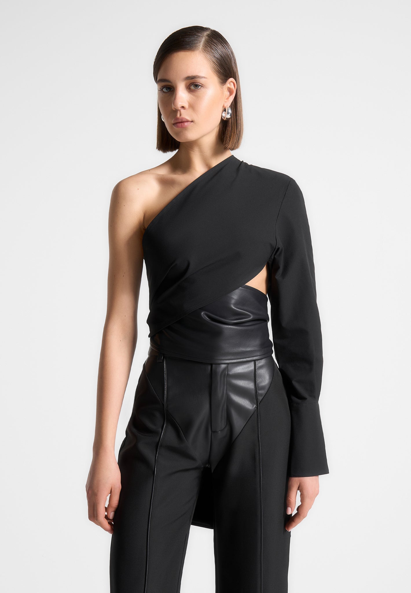 Maniere De Voir Coralie Black One-Shoulder Vegan Leather Wrap Blouse - Size 6