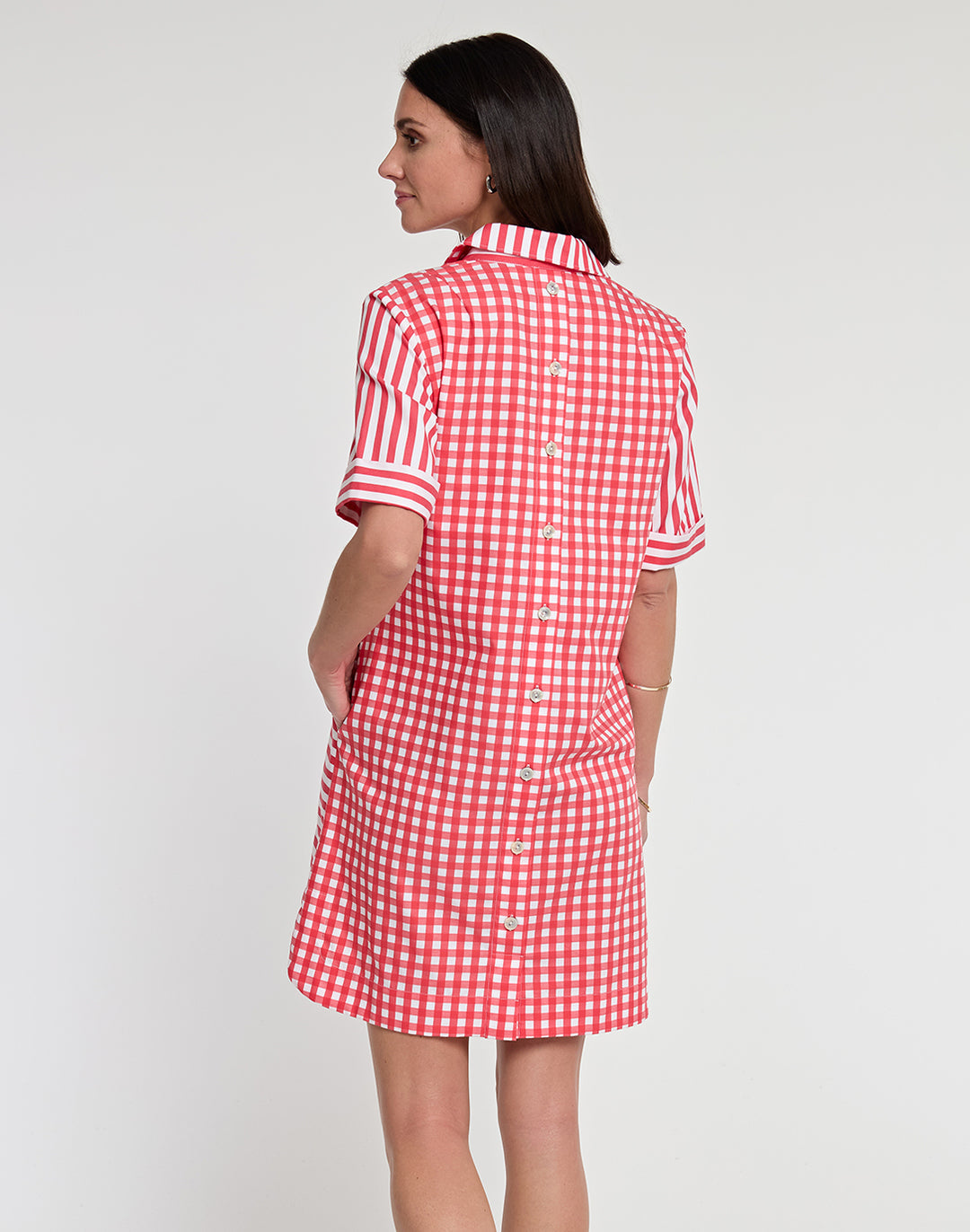 Hinson Wu Aileen Short Sleeve Stripe/Gingham Dress in Coral and White - Size Medium
