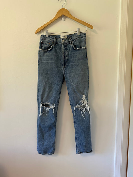 Agolde Riley Distressed Blue Skinny Stretch High Rise Jeans | Size 28