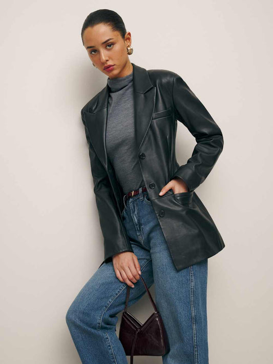 Reformation Veda Hal Fitted Leather Blazer in Black - Size XL