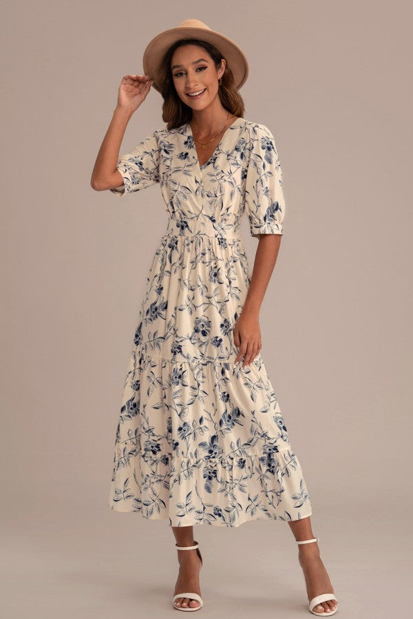 NWT Petallush Floral Half Sleeve V Neck Maxi Dress in Blue and White | Size Large