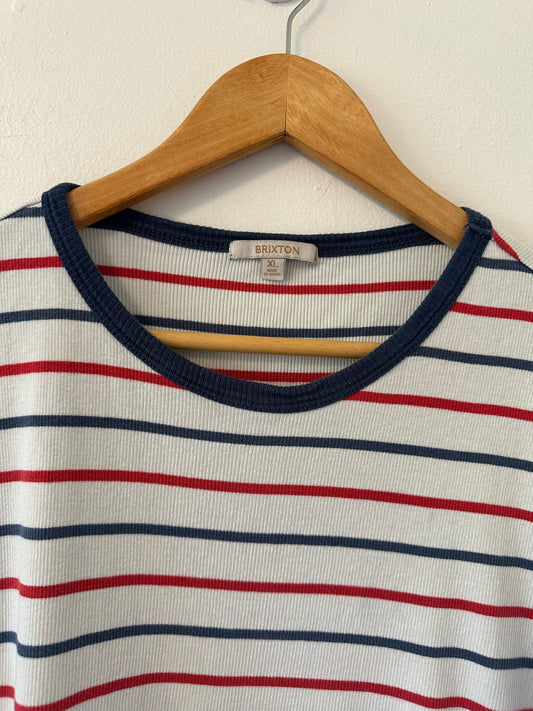 Brixton Red and Navy Striped Ribbed Tee | Size Extra Large