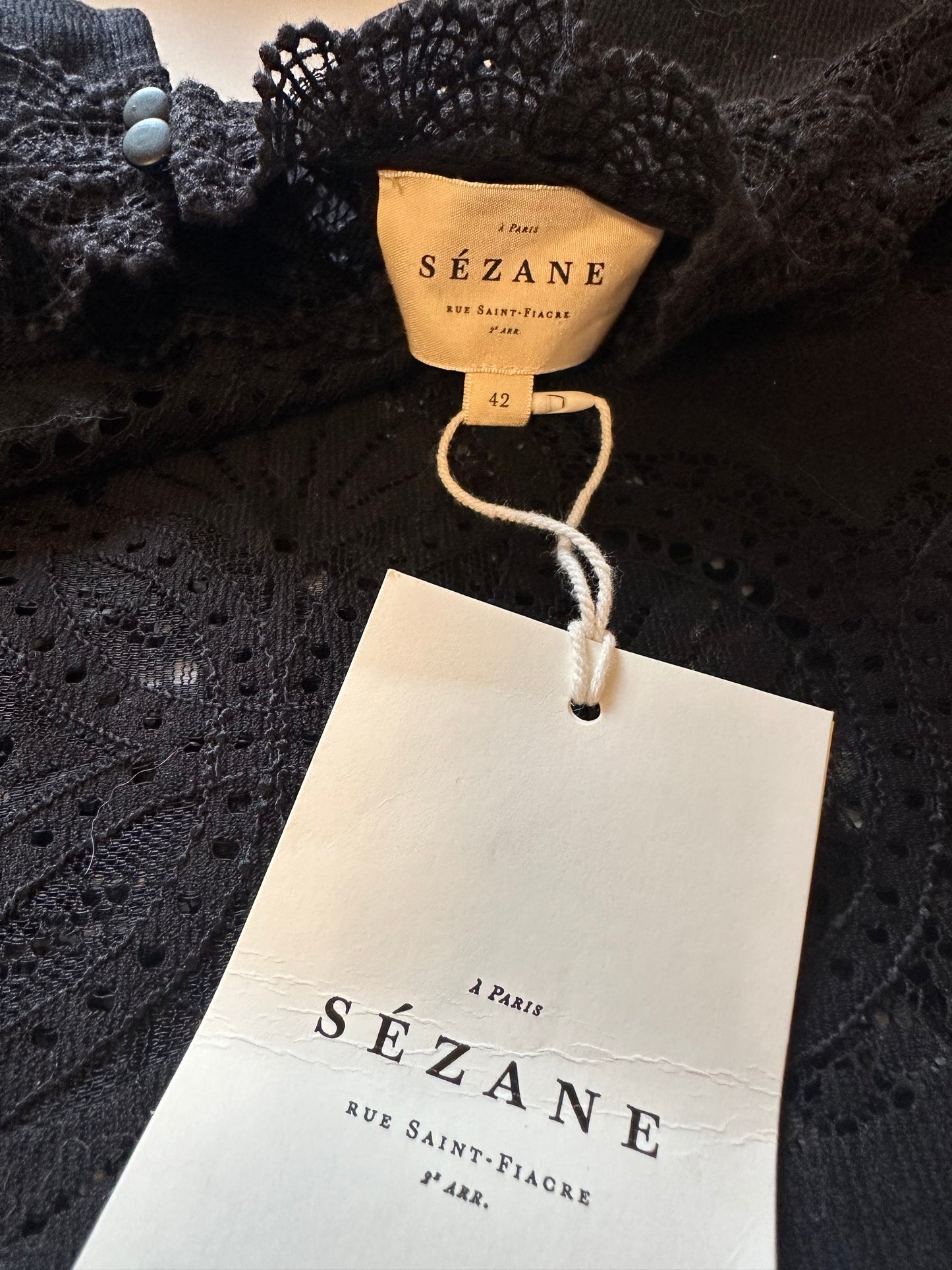 NWT Sezane Bianca Black Lace Organic Cotton Blouse | Size EU 42