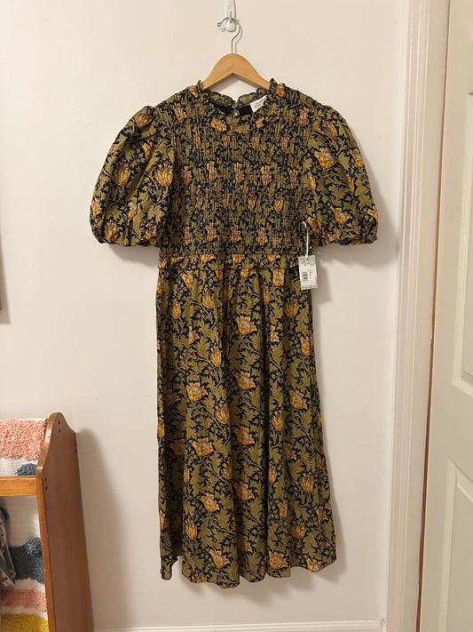 NWT Hyacinth House Tuckernuck Olive Leafy Floral Smocked Smythe Midi Dress | XL