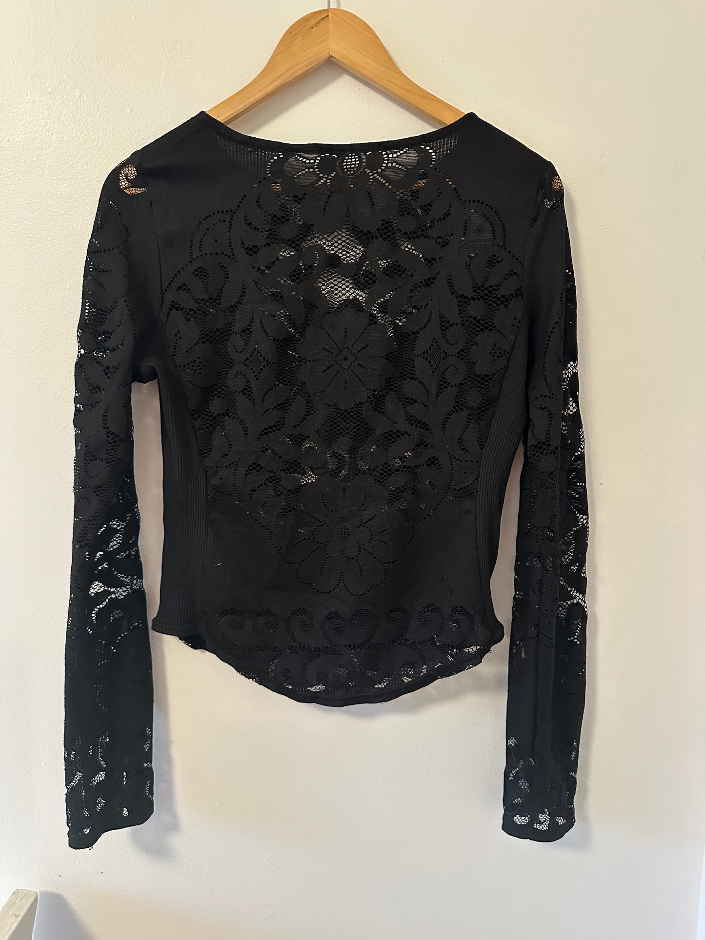 Free People Wild Roses Black Lace Long Sleeve Shirt- Size Medium