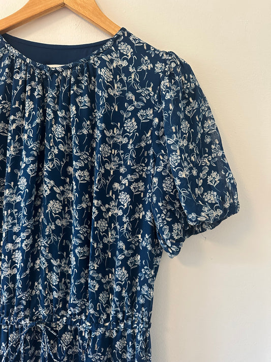 Monique Lhuillier Fil Coupe Tie Waist Floral Blue Dress - Size 10