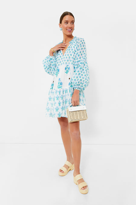 Oliphant Tuckernuck Exclusive Blue Floral Balloon Sleeve Mini Dress Size Small