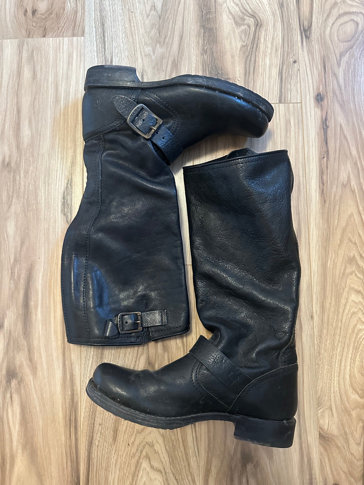 Frye Veronica Slouch Black Leather Pull On Buckle Boots | Size 6