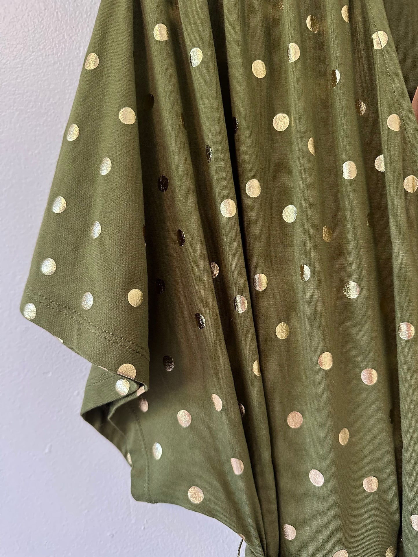 NWT Boden Kimono Wrap Jersey Dress in Green with Gold Polka Dots - Size US 10