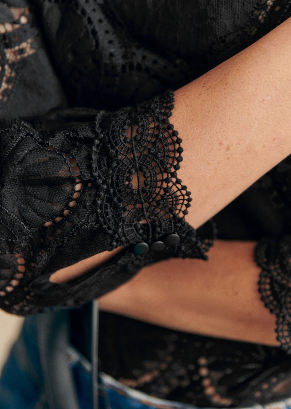 NWT Sezane Bianca Black Lace Organic Cotton Blouse | Size EU 42