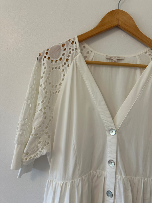 Skies Are Blue White Lace Sleeve Dress - Size Large