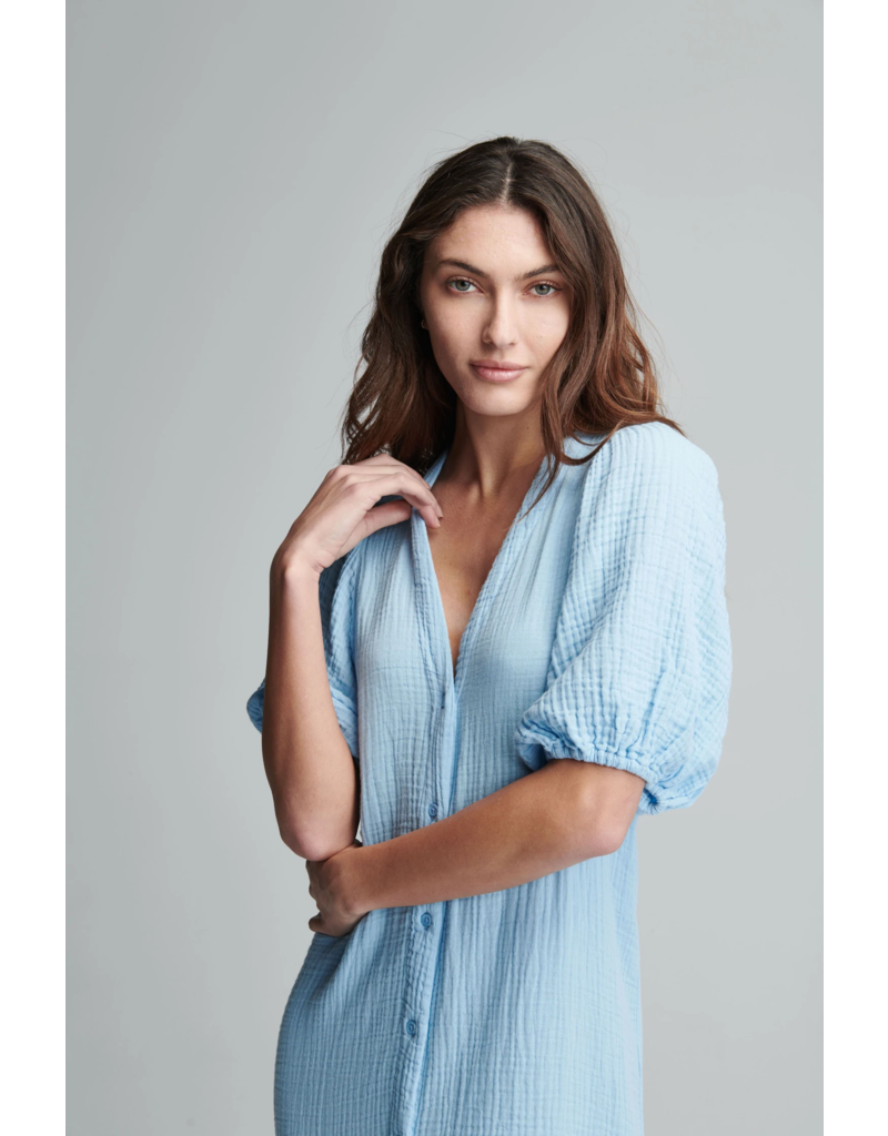 Sundays - Light Blue Decker Button Front Dress in Cotton Gauze | Size Small