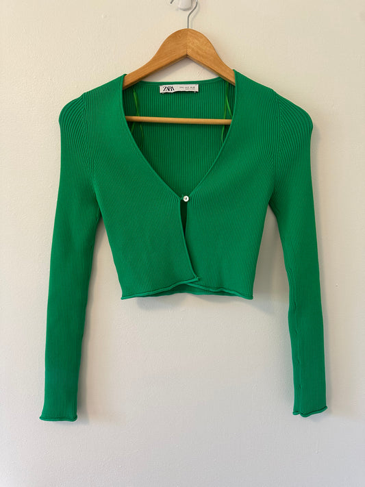 Zara Cropped Ribbed Cardigan in Green - Size Small