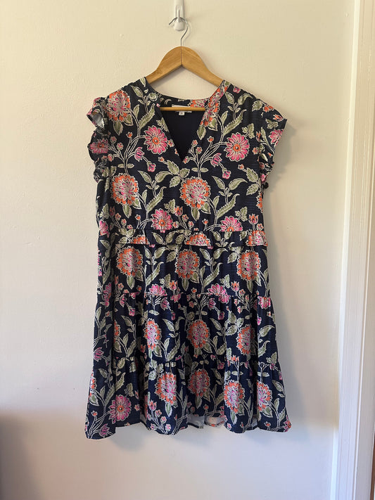 THML Navy Floral Ruffle V-Neck Mini Dress | Size Medium