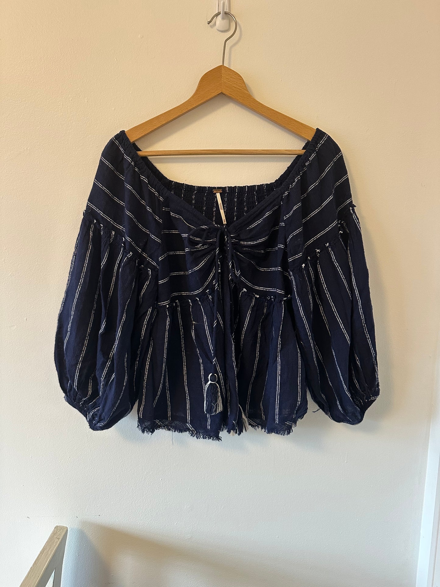 Free People Blue and White Stripe Peasant Blouse Size M