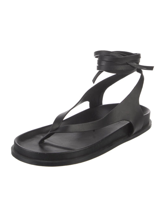 A. Emery - Black Leather Ankle Wrap Gladiator Thong Sandals in Box | Size 38