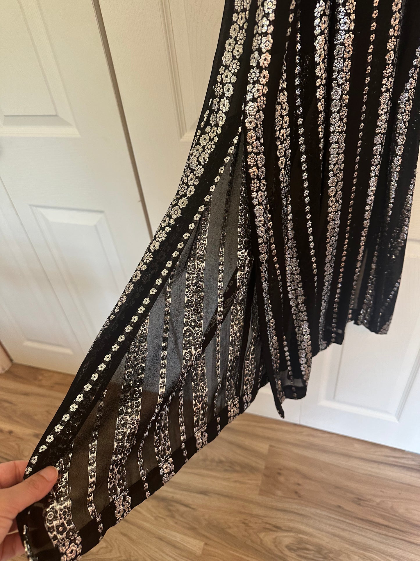 Emerson Fry New Black and Silver Floral Metallic Maxi Dress - Size Medium