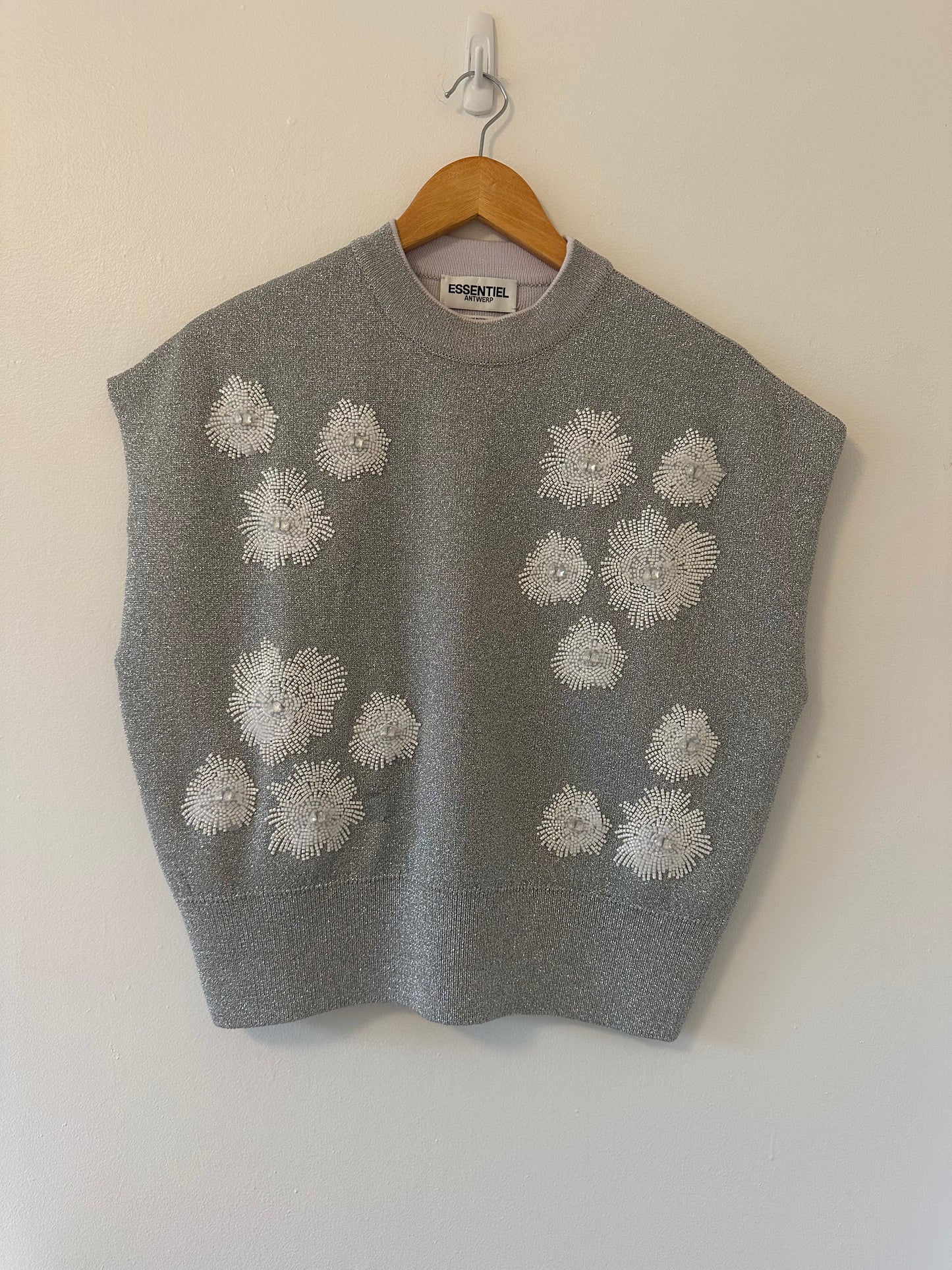 Essentiel Antwerp Eruby Rhinestone Embroidered Metallic Knit Top - Size Medium