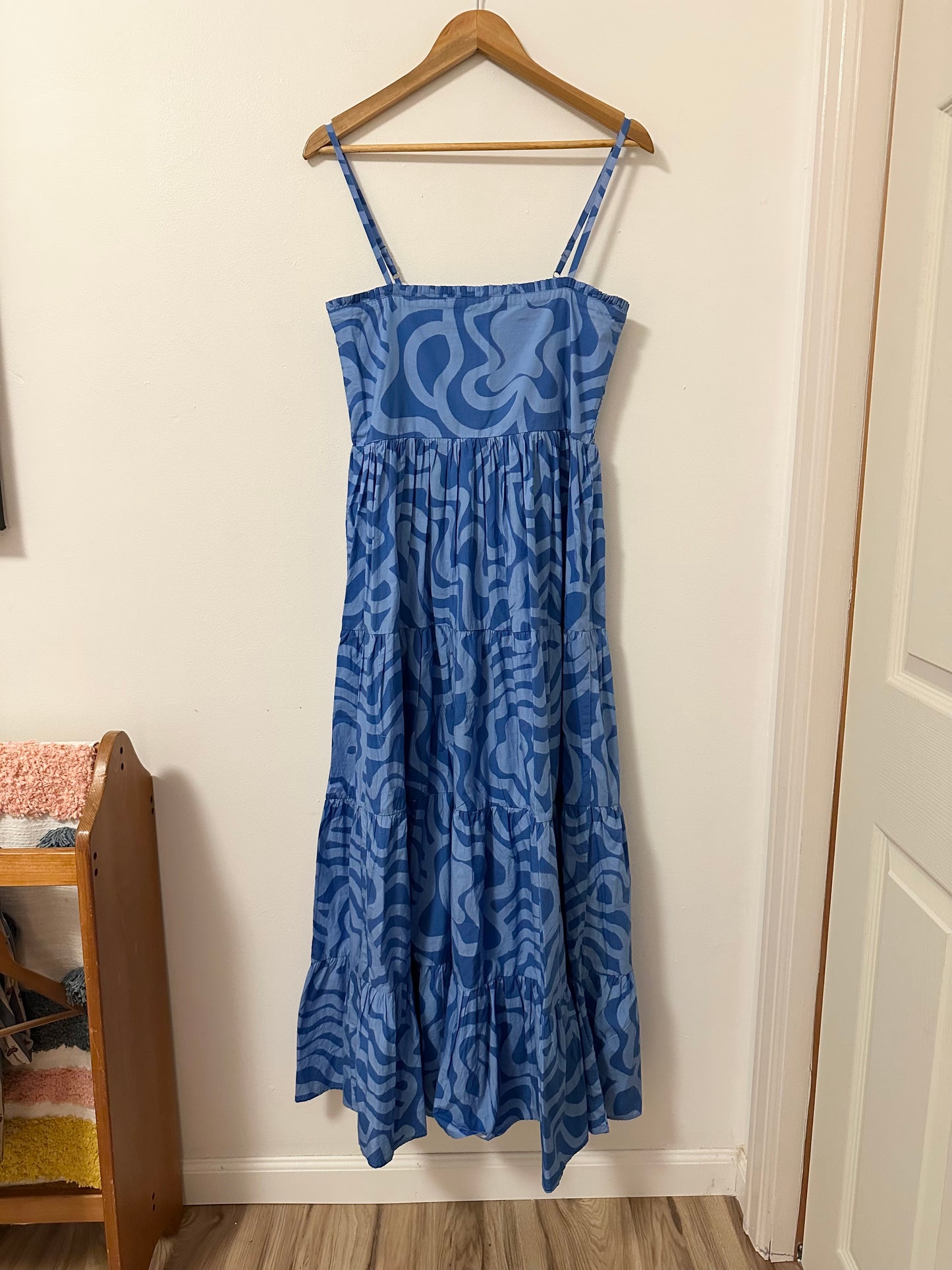 Oliphant Ashbury Smocked Back Cotton Maxi Dress in Blue | Size Medium