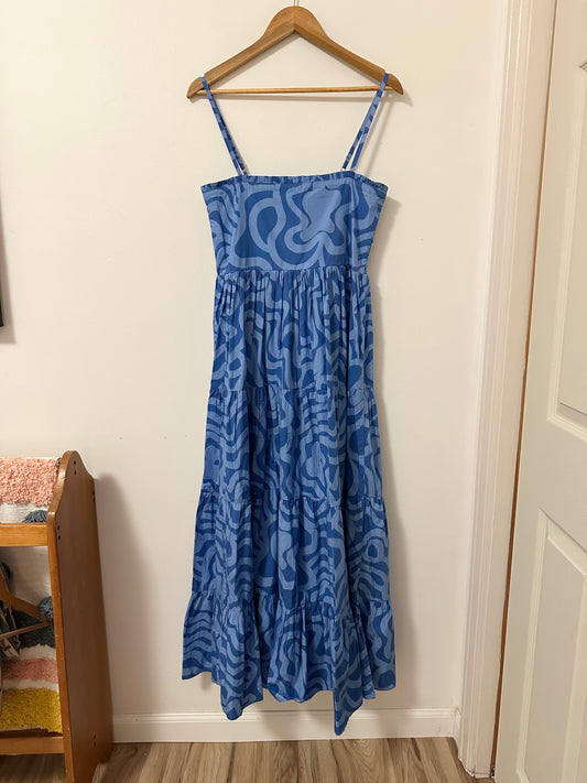Oliphant Ashbury Smocked Back Cotton Maxi Dress in Blue | Size Medium