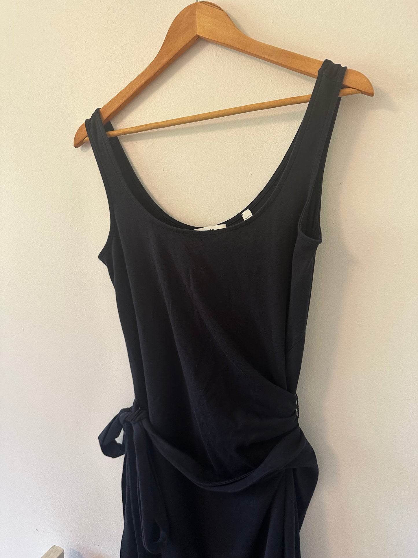 Vince. Tie Waist Cotton Dress Sleeveless Midi Scoop in Black - Size Medium