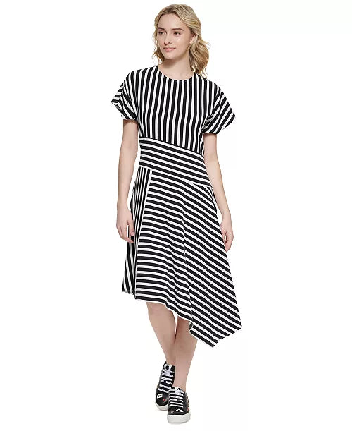 NWT Karl Lagerfield Paris Striped Asymmetrical-Hem Dress - Size 10