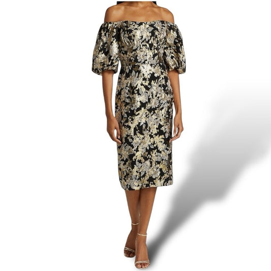 ML Monique Lhuillier Metallic Floral Midi Sheath Dress in Black, Gold, and Silver - Size 12
