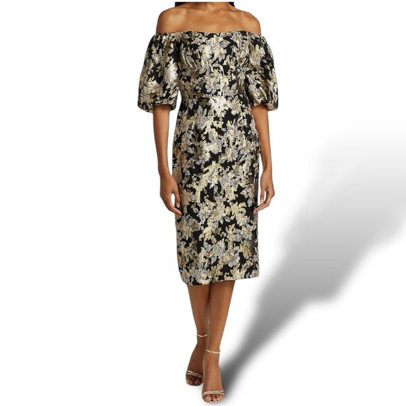 ML Monique Lhuillier Metallic Floral Midi Sheath Dress in Black, Gold, and Silver - Size 12