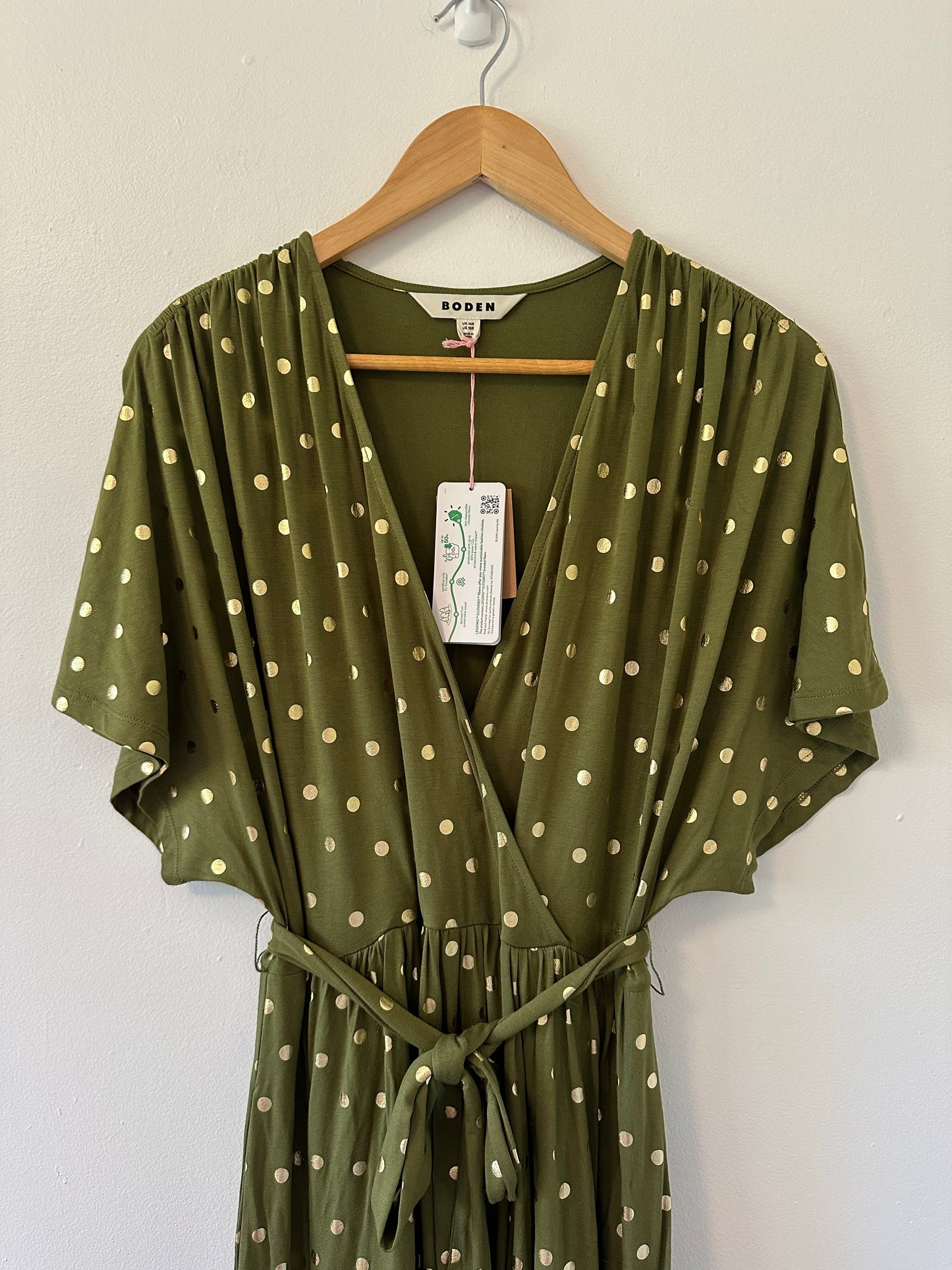 NWT Boden Kimono Wrap Jersey Dress in Green with Gold Polka Dots - Size US 10