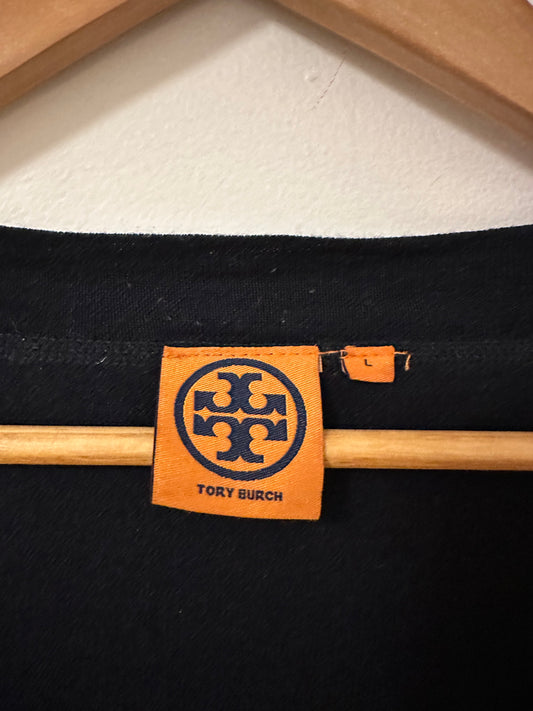 Tory Burch Women's Simone Black Cardigan with Gold Logo Buttons | Size Large