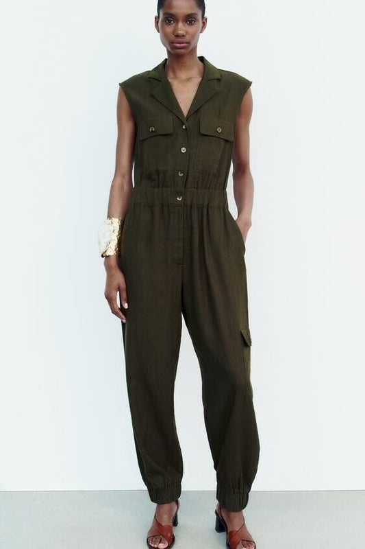 NWT Zara Olive Green Sleeveless Linen Jumpsuit Size Small