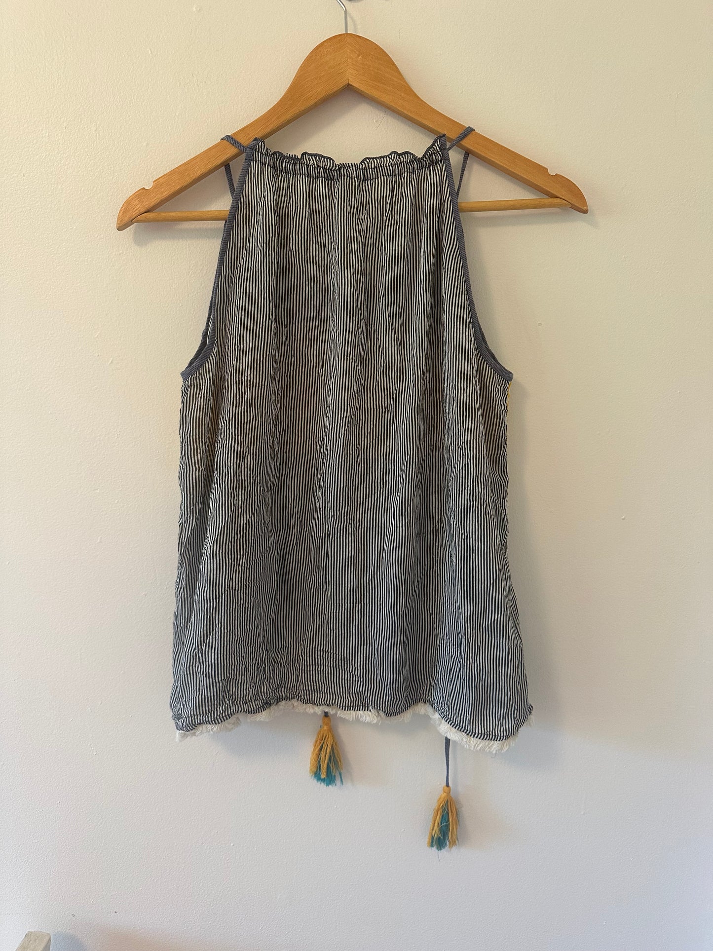 THML Striped Yellow and Blue Women's Flowy Top with Tassels - Size Medium