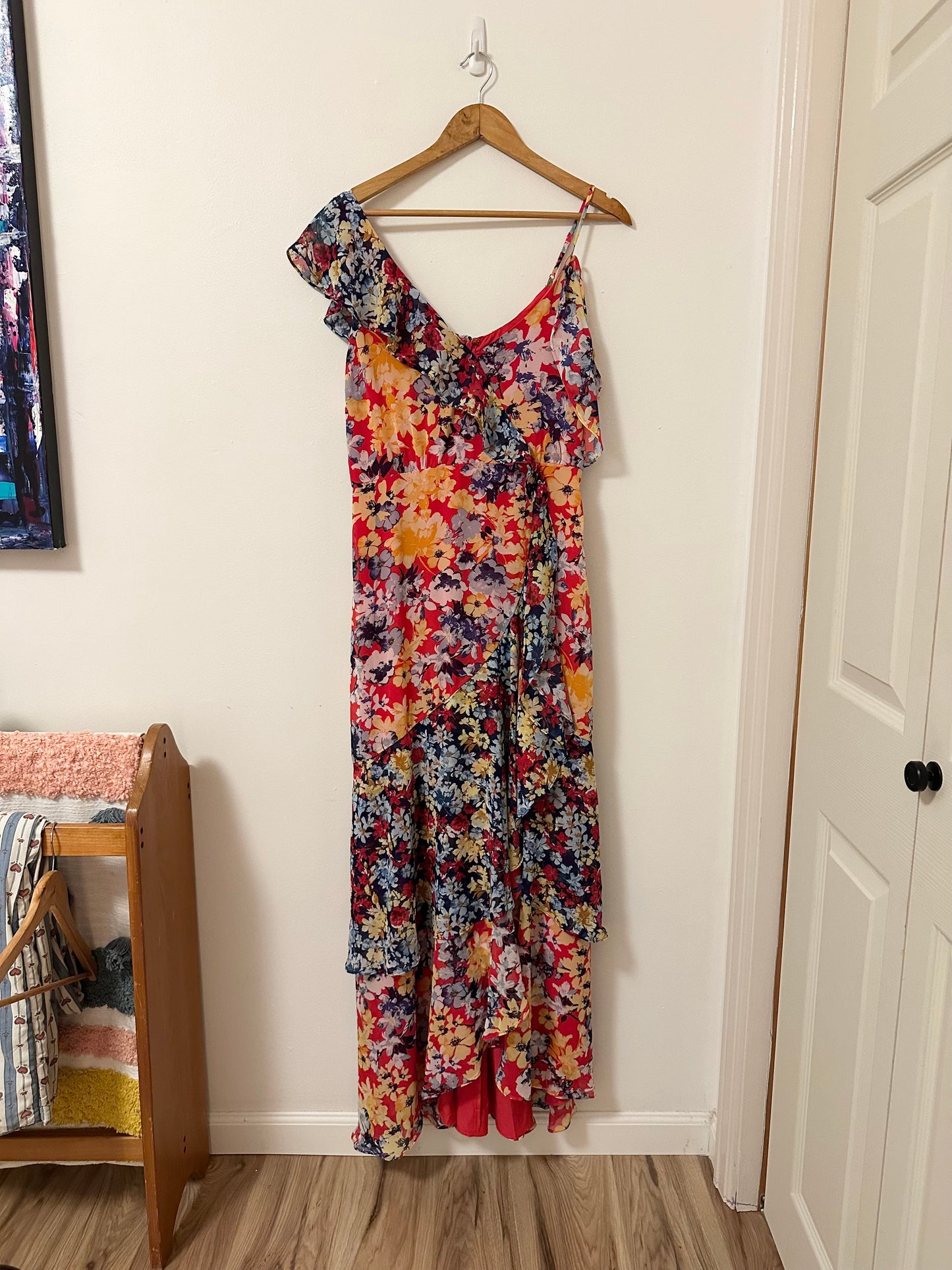 Lulu's Radiant Ruby Red Floral Print Chiffon Maxi Dress | Size Large