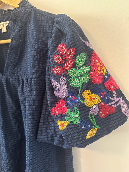 Umgee Navy Puff Sleeve Blouse with Embroidery | Size Small