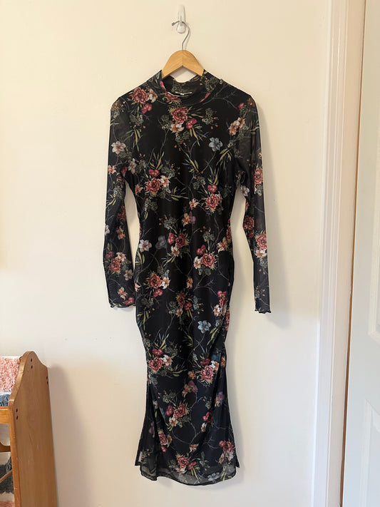 Heartloom The Sydney Black Floral Long Sleeve Mesh Mock Neck Dress | Size Large