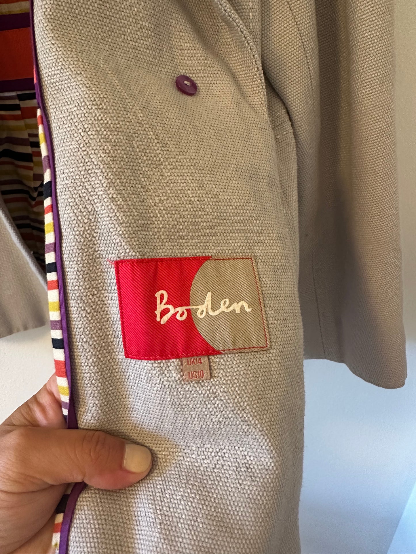 Boden Cotton Jacket with Peter Pan Collar and Big Buttons in Gray - Size 10