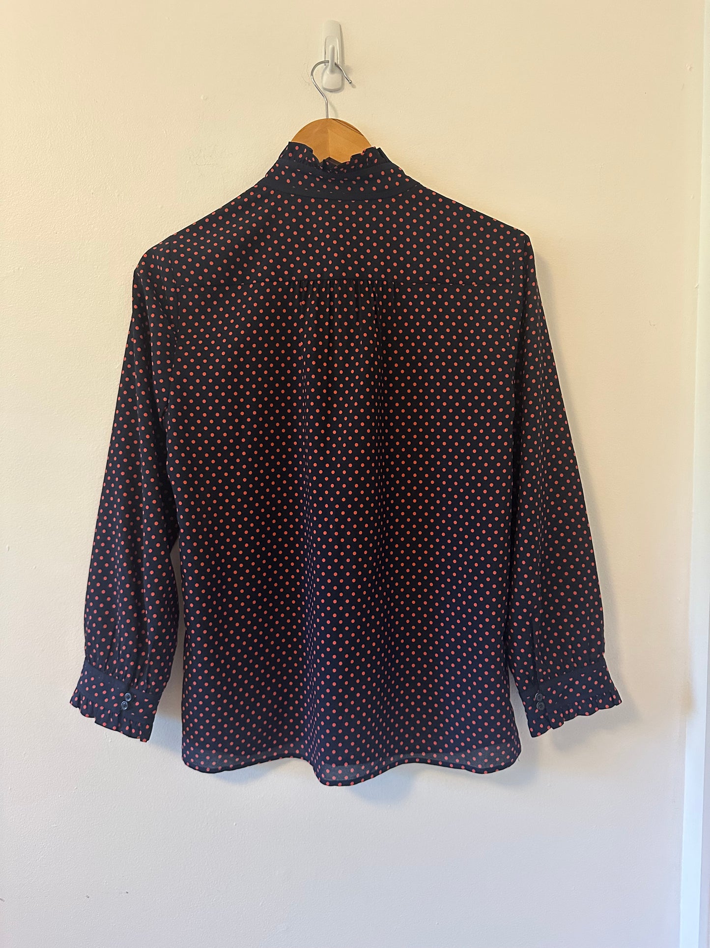 J. Crew - Navy and Red Polka Dot Stand Up Collar Sheer Flowy Blouse | Size 6