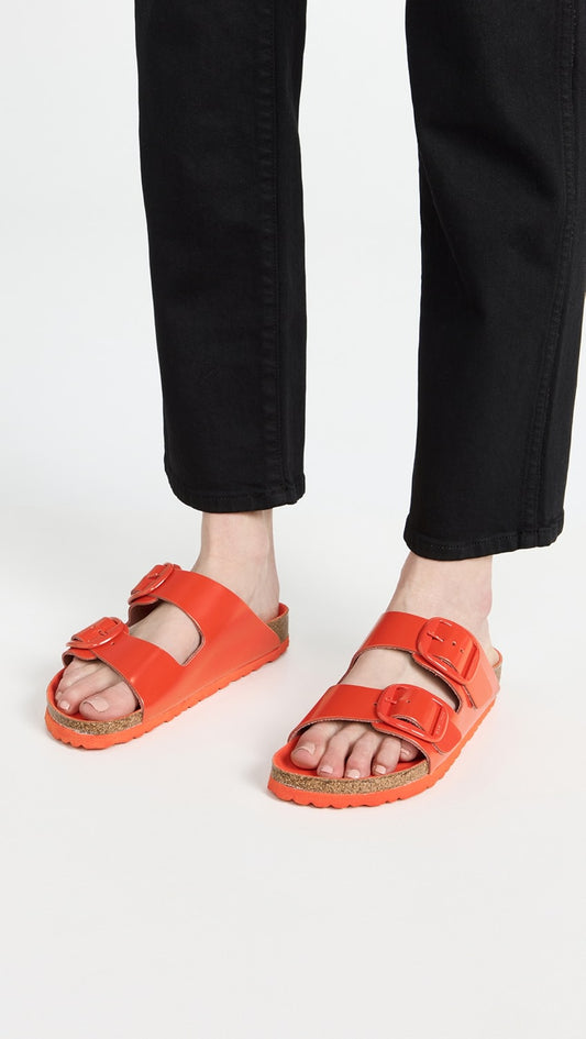 New Birkenstock Arizona Big Buckle Sandals in High Shine Tomato | Size 39
