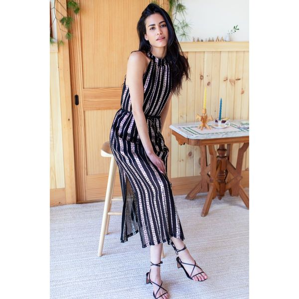 Emerson Fry New Black and Silver Floral Metallic Maxi Dress - Size Medium