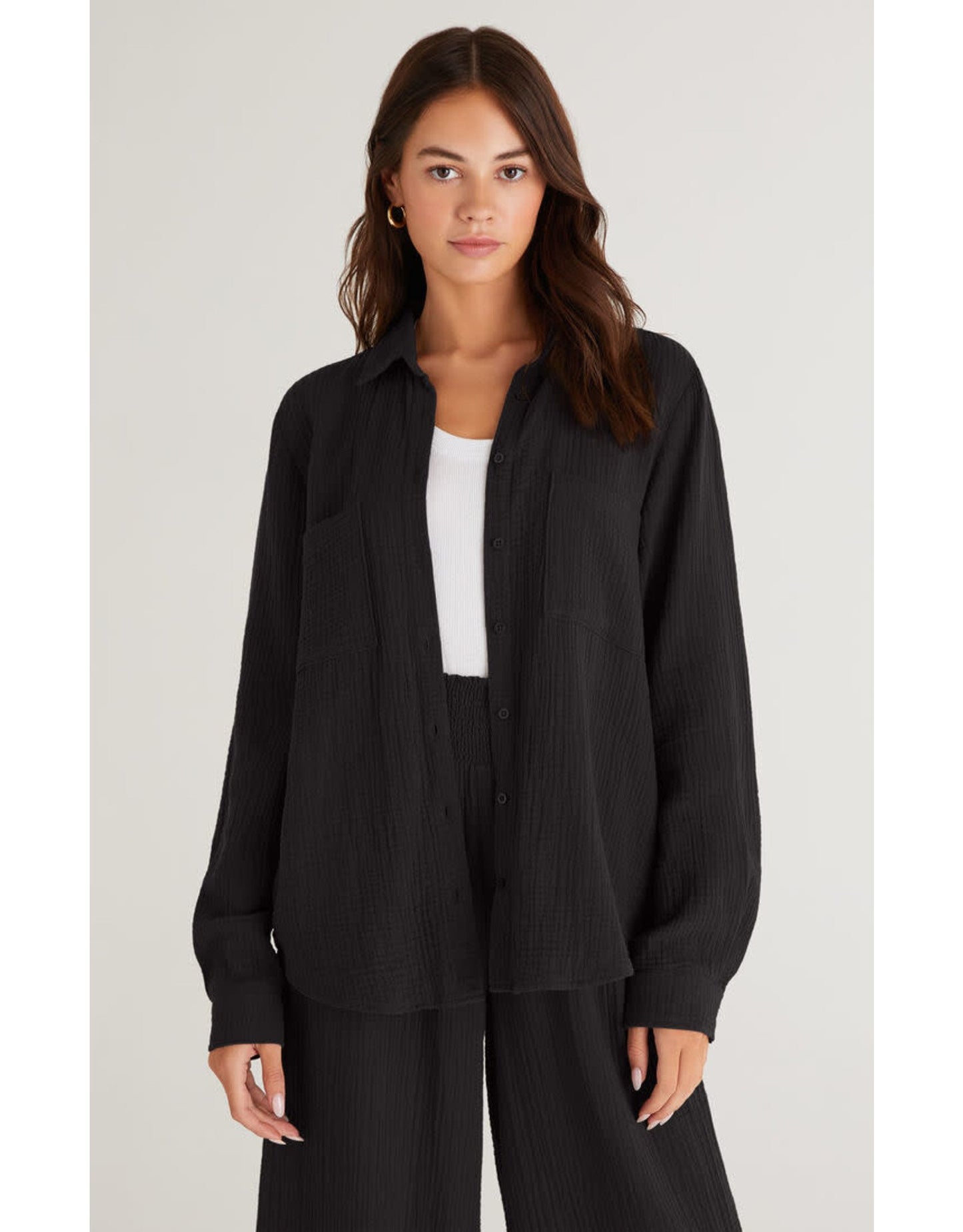 Z Supply Kaili Button Up Gauze Top in Black | Size XS