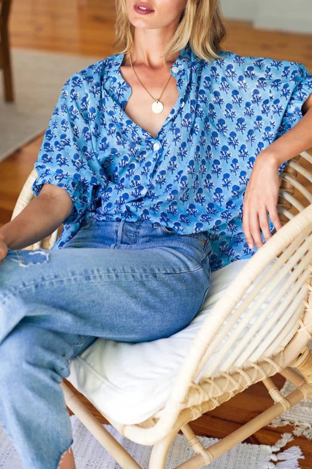 Emerson Fry India Collection Mandarin Collar Top in Blue - One Size