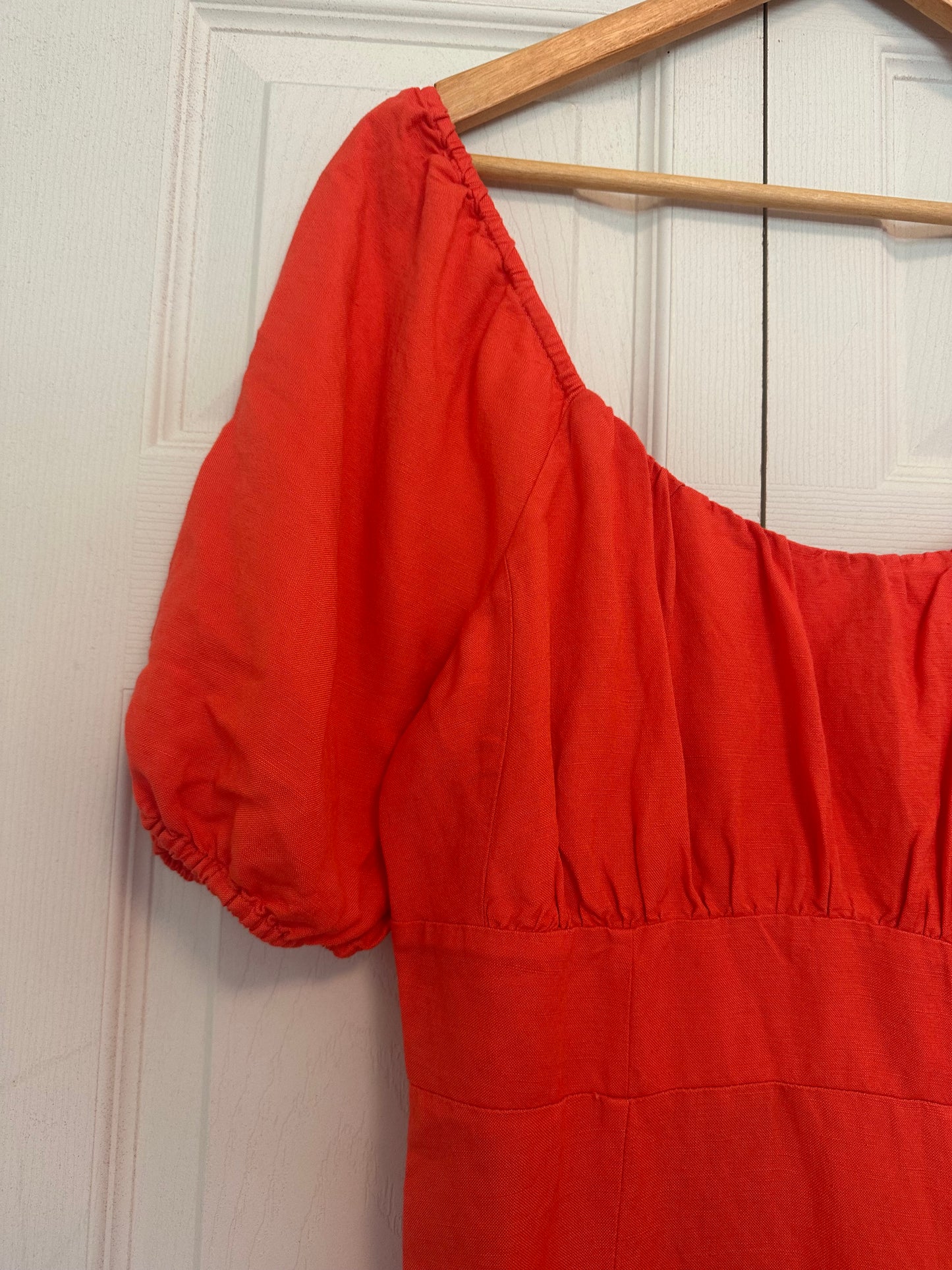 NWT LOFT Square Neck Puff Sleeve Coral Linen Midi Dress - Size 8P