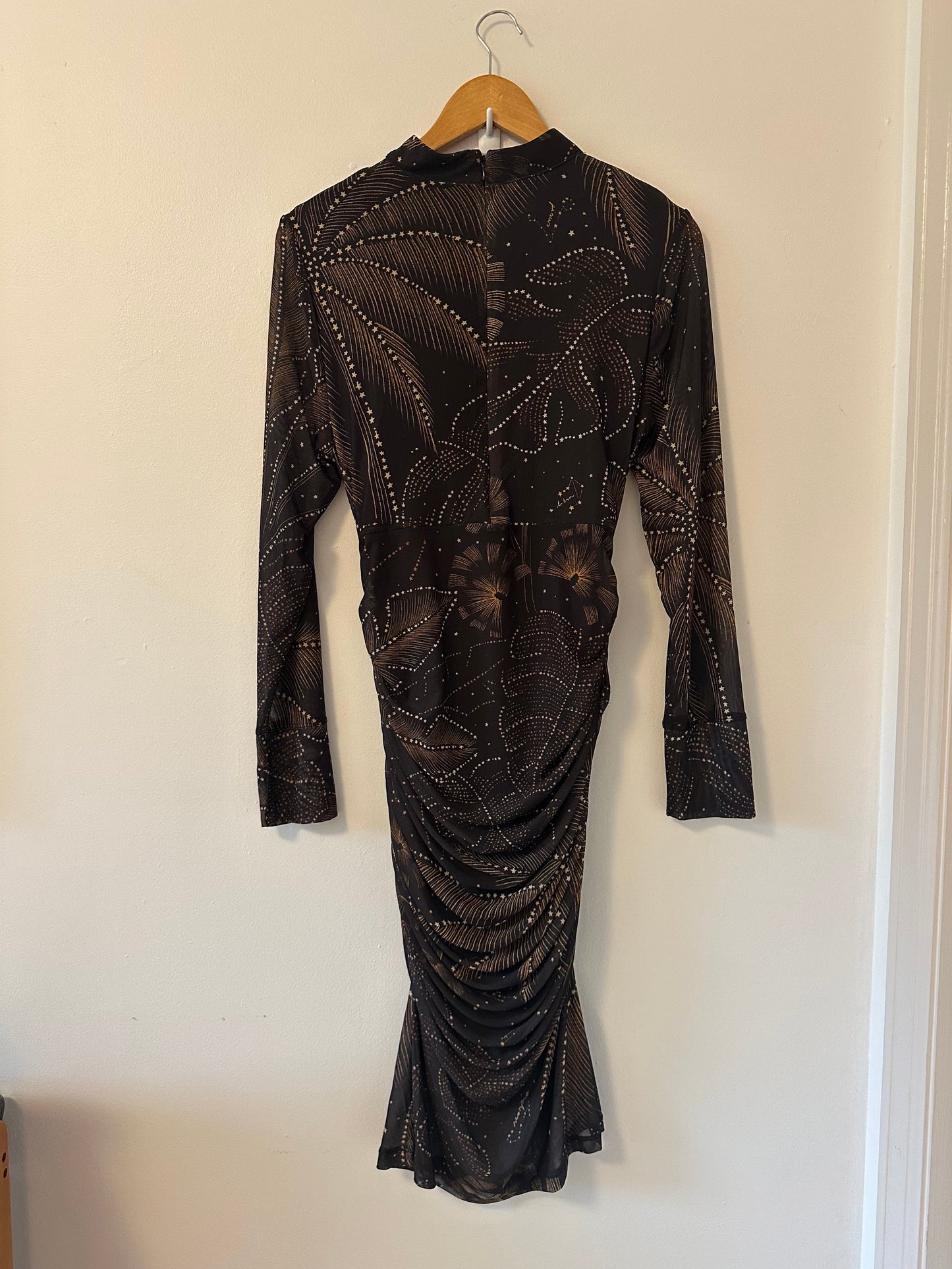 NWT FARM Rio Golden Foliage Long Sleeve Tulle Midi Dress in Black | Size Large