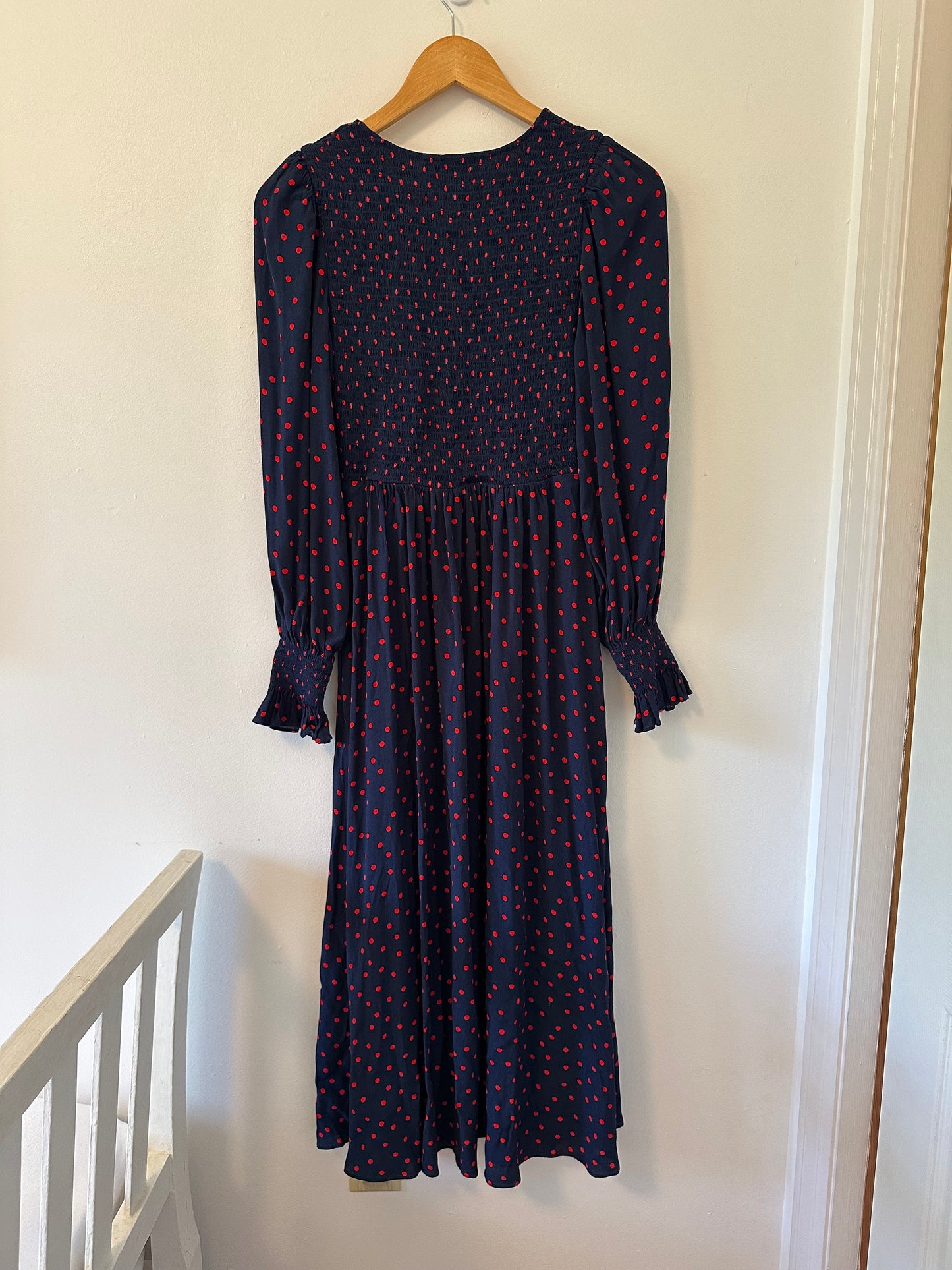 Boden Gemma Smocked Midi Dress in High Risk Red, Abstract Dot - Size 6