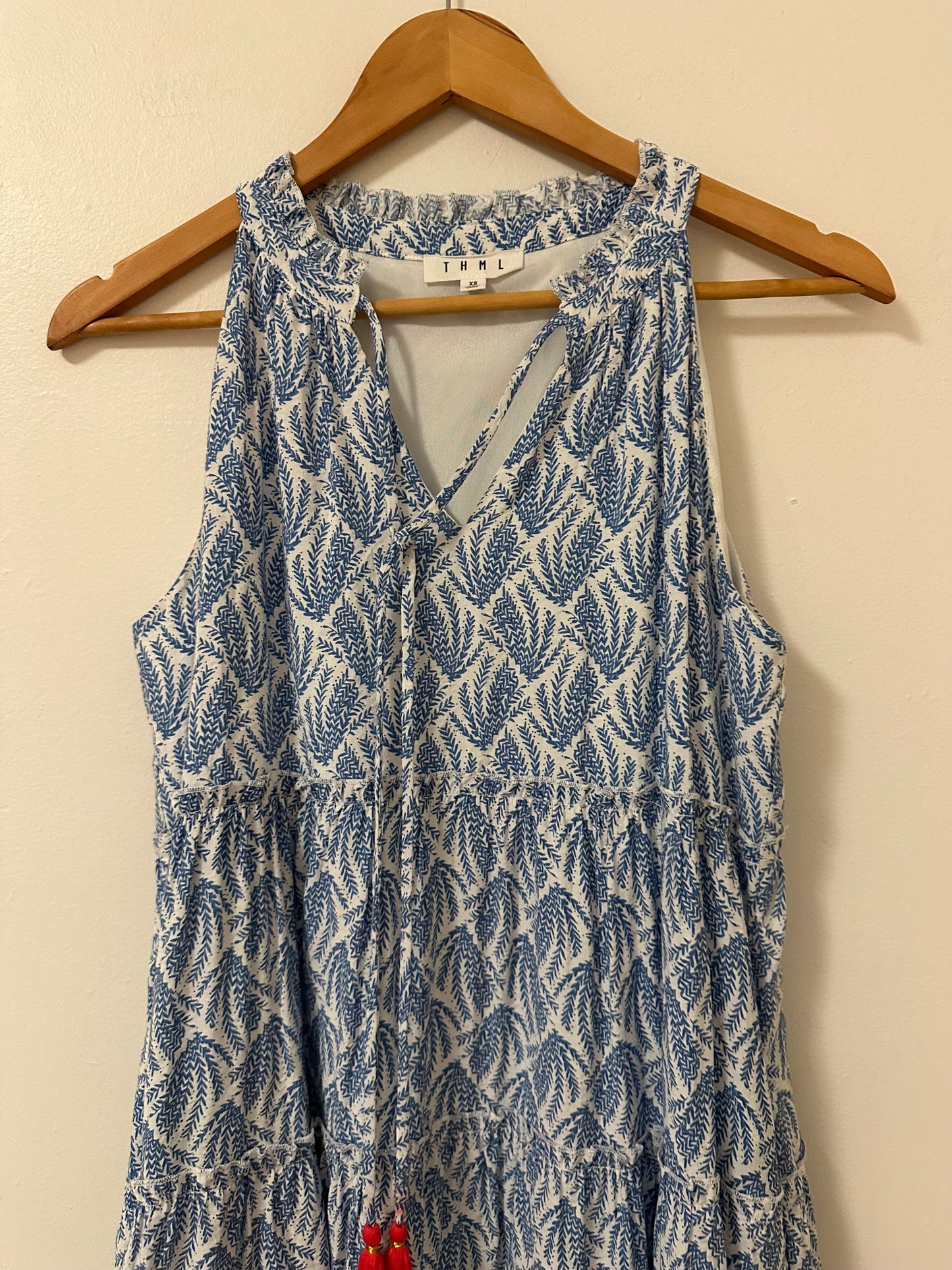 THML Women's Sleeveless Dress In Blue Pattern And Tassel Size XS