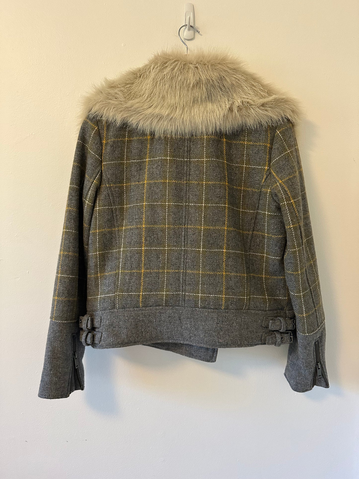 Banana Republic Faux Fur Gray and Yellow Plaid Moto Jacket | Size Small Petite