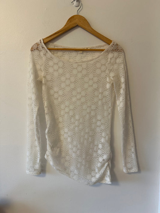 Anthropologie Meadow Rue Sheer Cream Polka Dot Top With Ruched Sides | Size XS