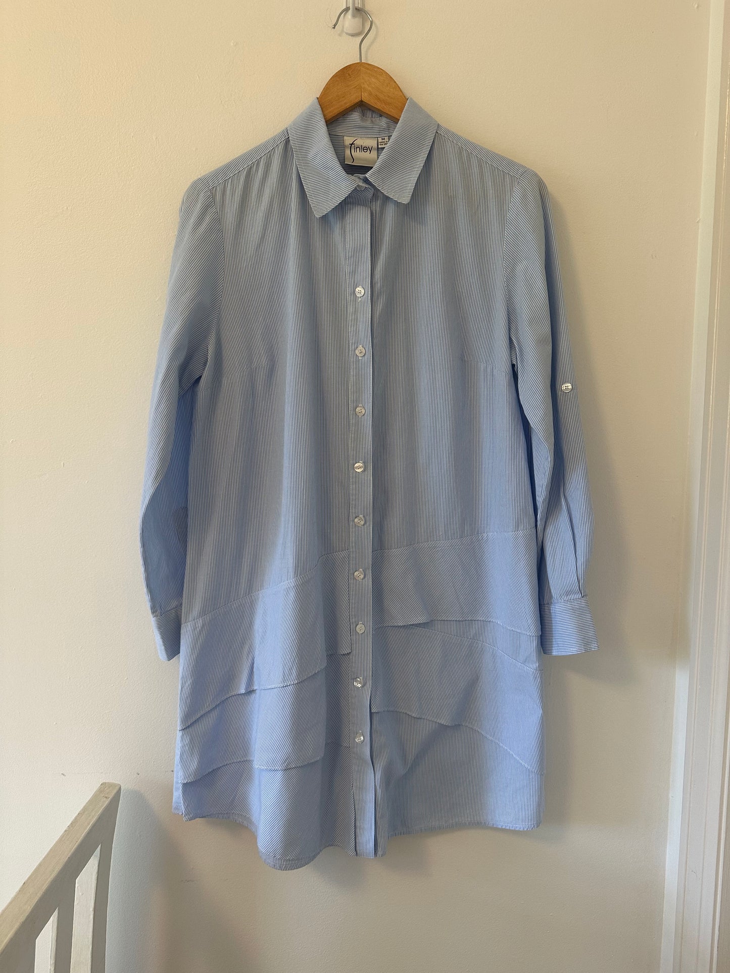 Finley Jenna Striped Ruffle Shirt Dress in Blue and White - Size Medium