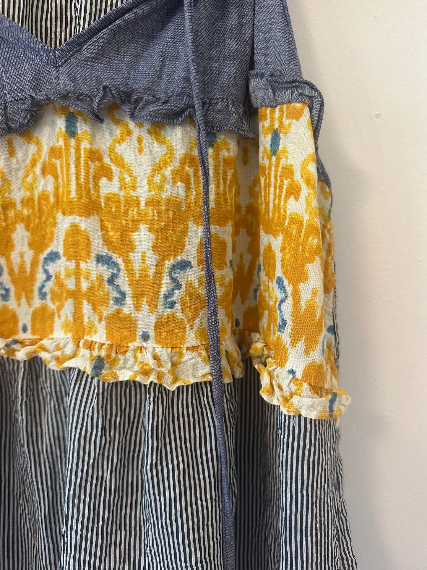 THML Striped Yellow and Blue Women's Flowy Top with Tassels - Size Medium